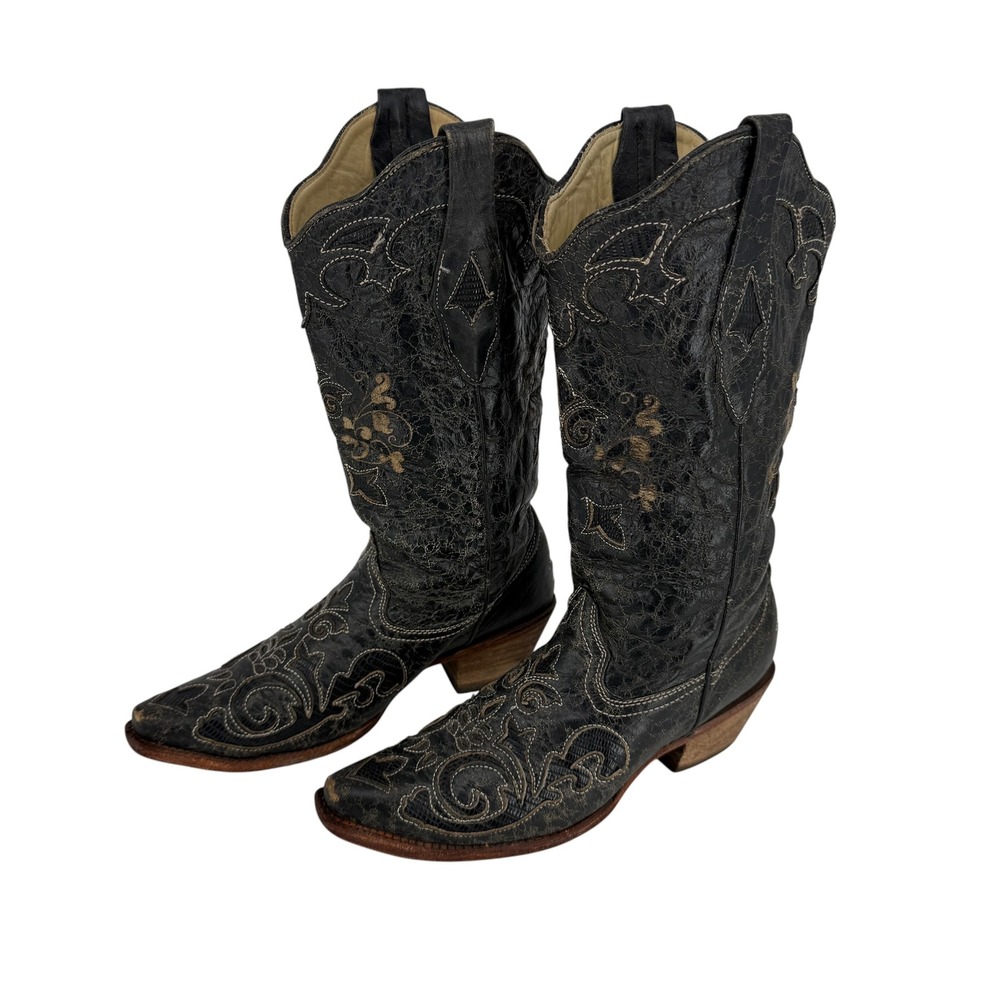 Corral Western Cowboy Boots Women 8.5W Black Distressed Leather Pointed Toe